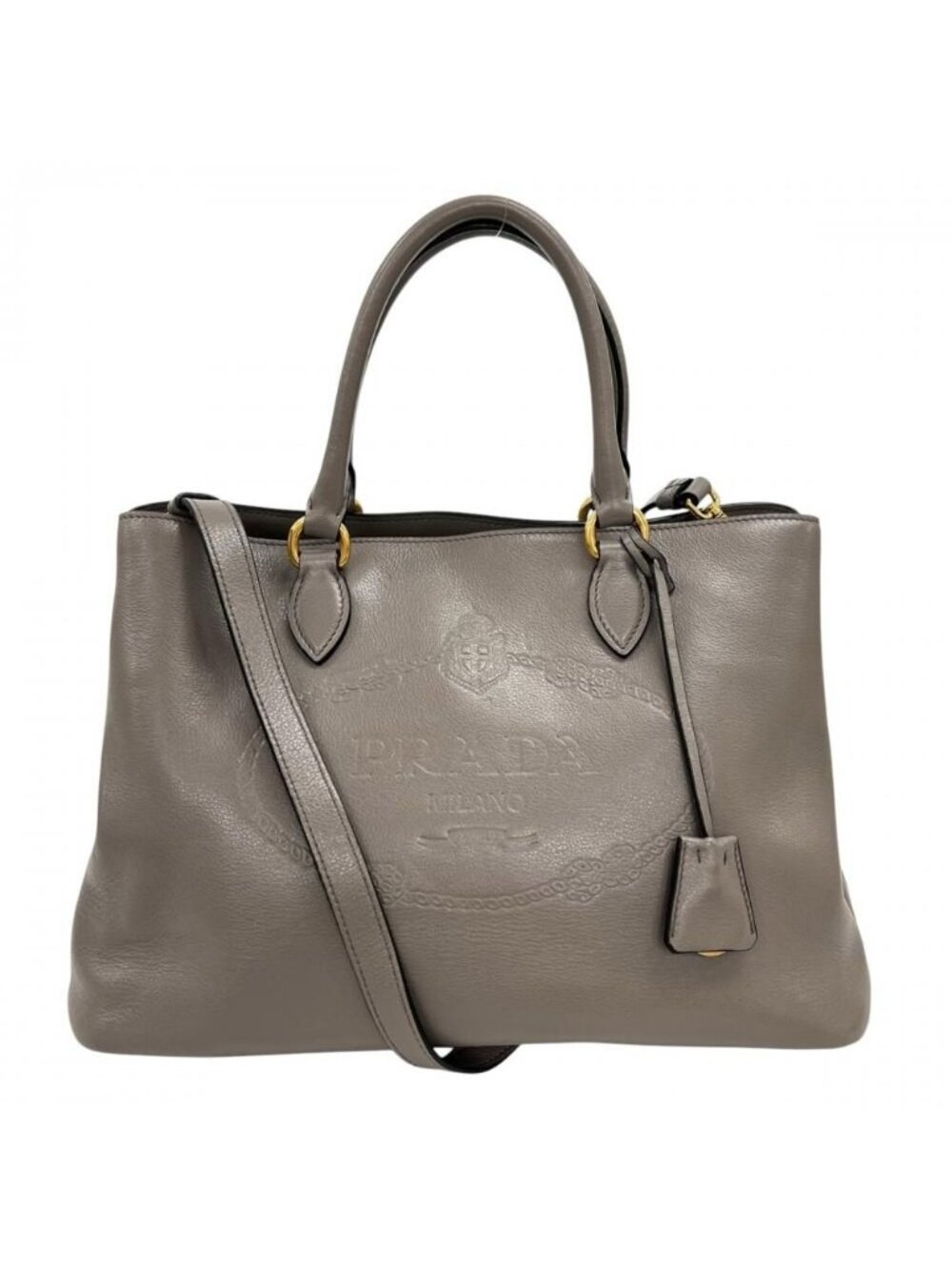 Prada 2-Way Embossed Logo Shoulder Bag Crossbody Leather Greige Gold